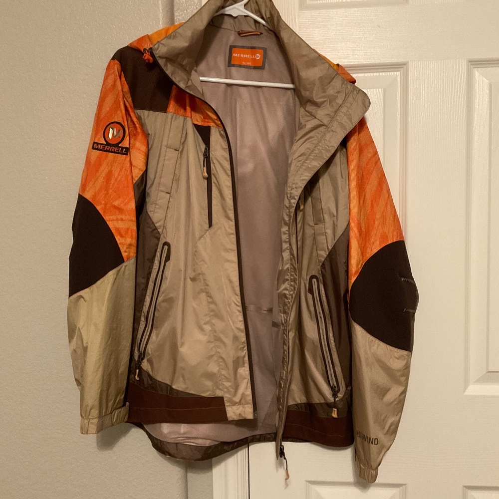 Merrell rain jacket, XL, orange and brown